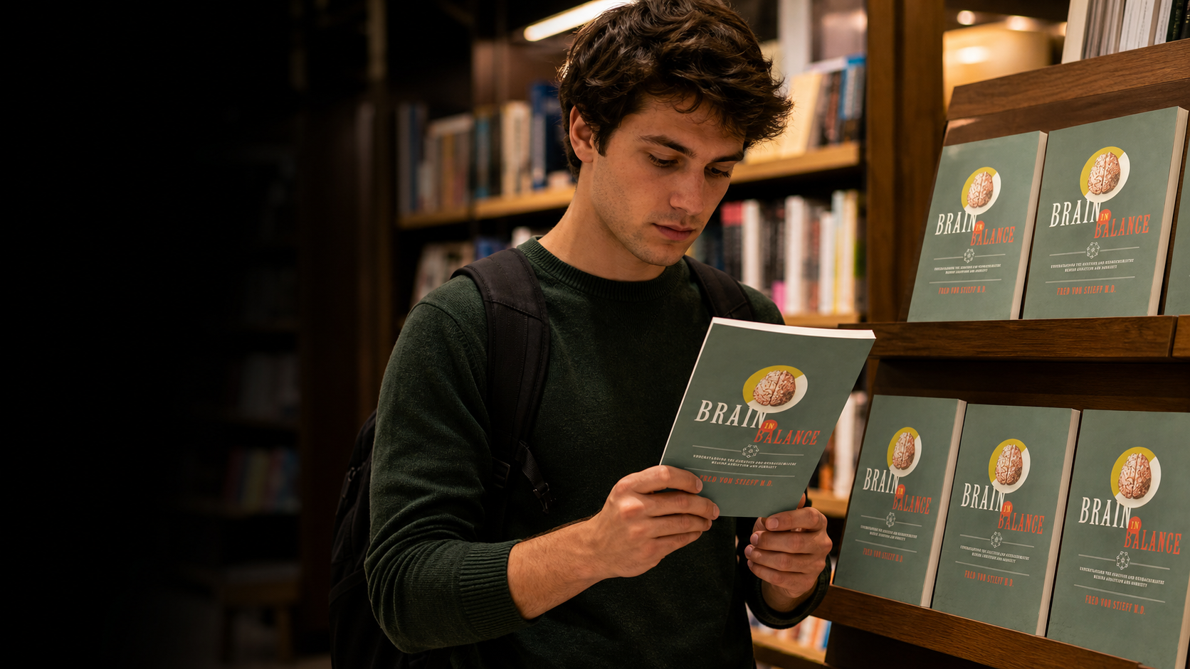 A university student examines Brain in Balance in a campus bookstore.