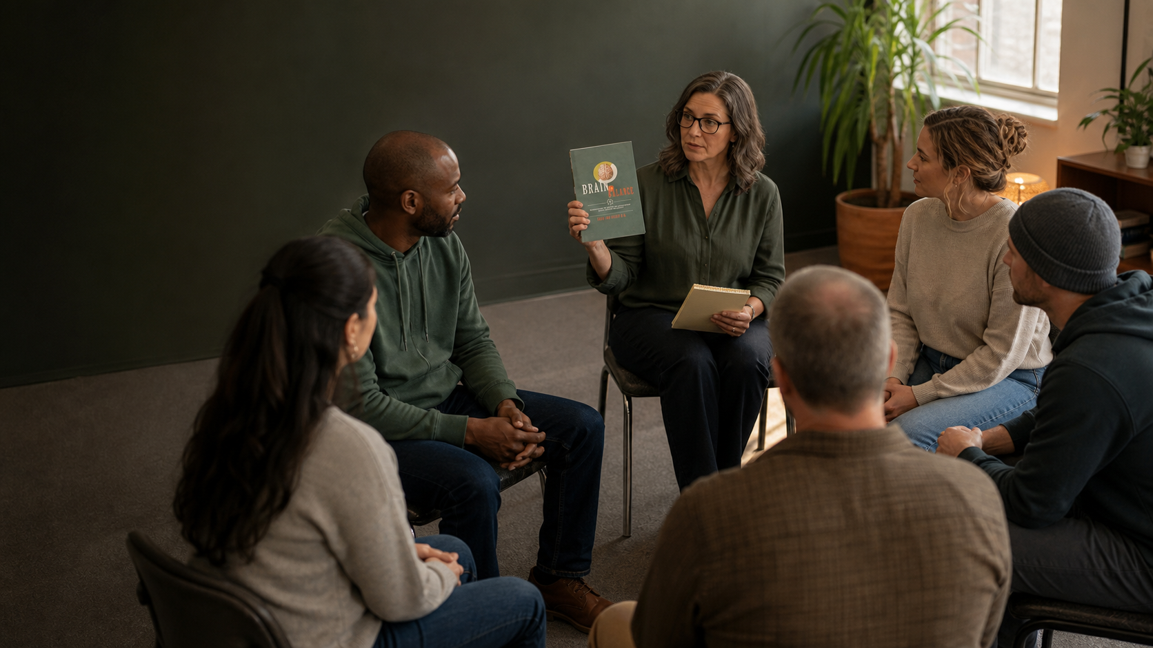 A facilitator holds Brain in Balance during a respectful group recovery discussion.