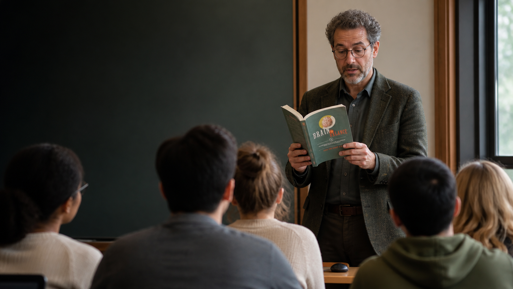 A professor reads from Brain in Balance during a university lecture.