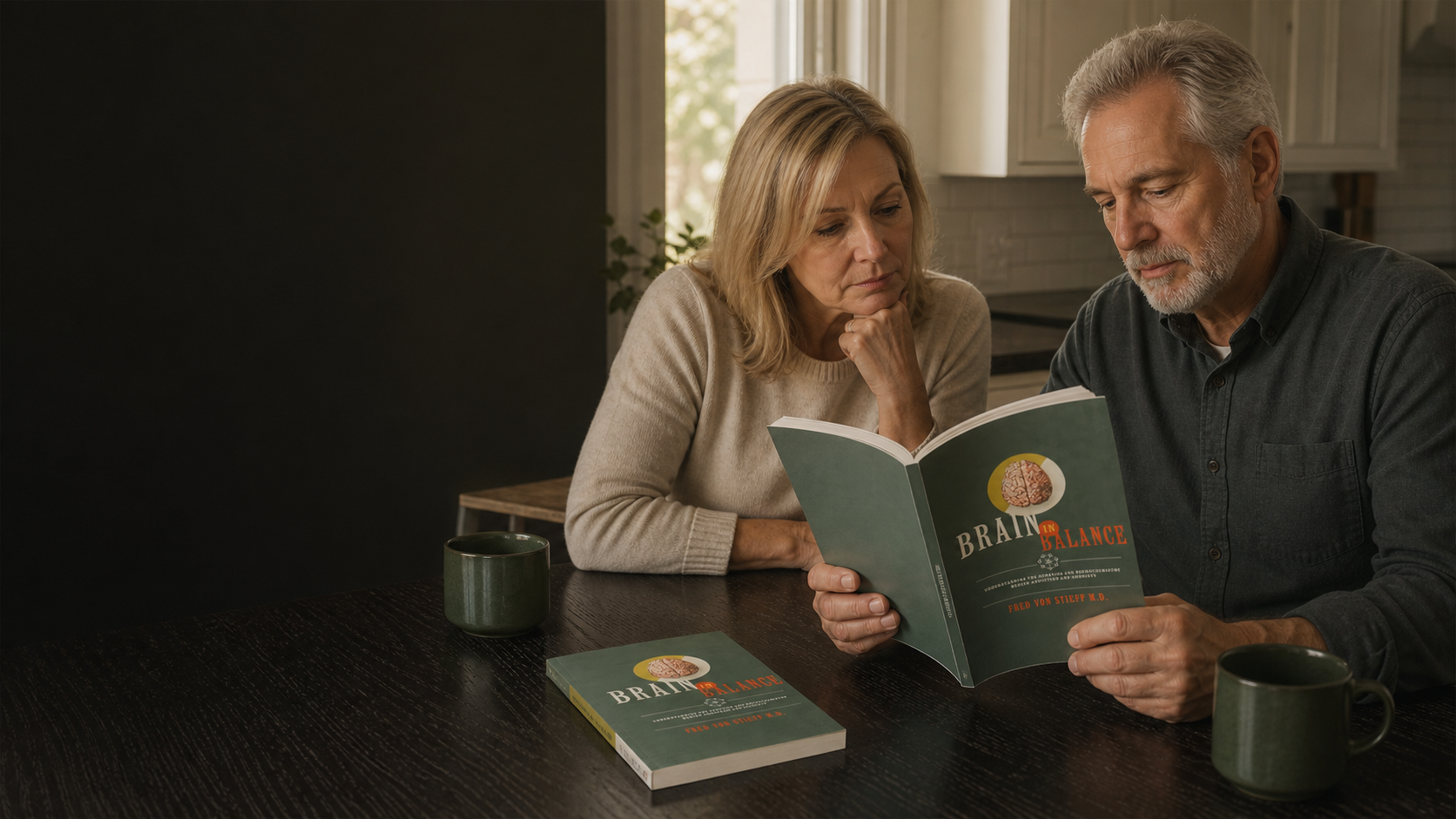 Parents read Brain in Balance together at a kitchen table.